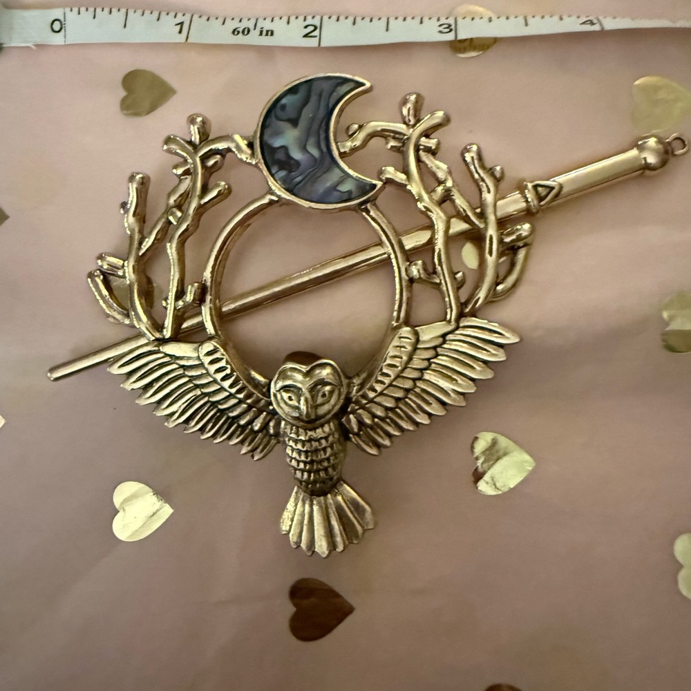 Gold Owl Hair Pin with Abalone Accents - Picture 3 of 5